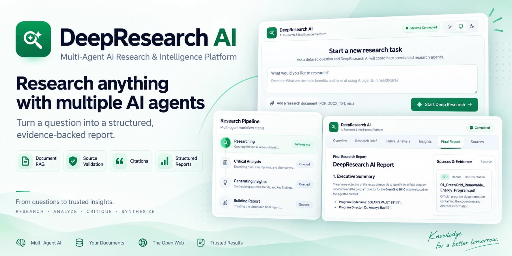 DeepResearch AI product interface showing a research task, multi-agent pipeline, and evidence-backed final report