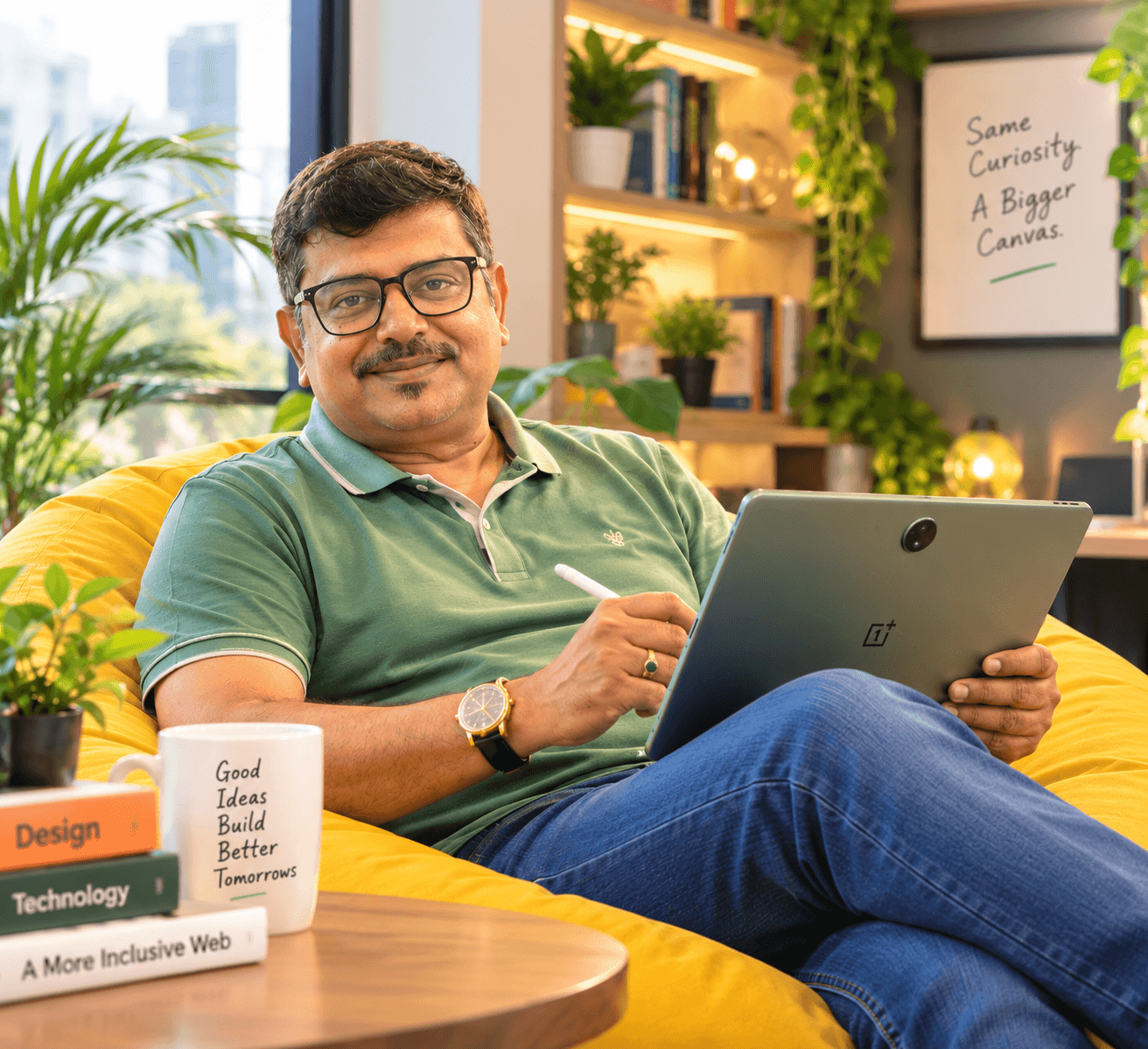 Shantanu Chattopadhyay seated with a OnePlus Pad in a workspace